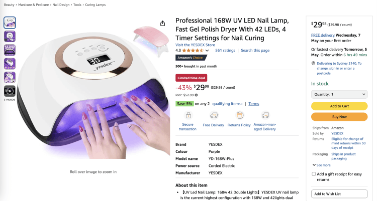 Amazon: YESDEX Professional 168W UV LED Nail Lamp – 43% off, now $29.98